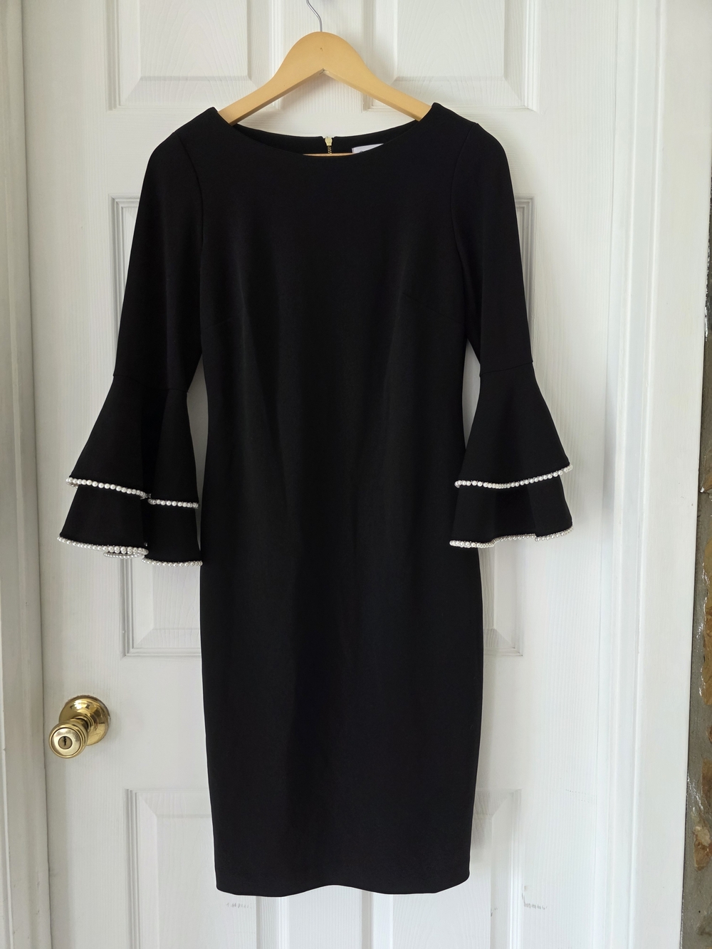 Calvin Klein Black Bell-Sleeve Sheath Dress with Pearl Trim Gold Back Zip LBD